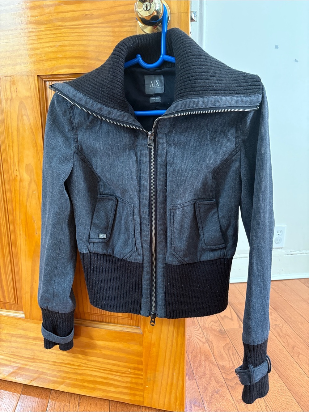 A|X Armani Exchange Dark Gray and Black Ribbed Collar Jacket